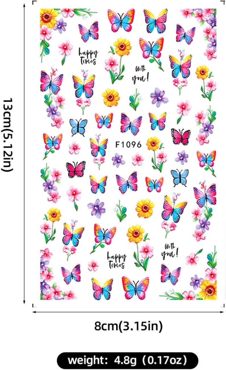 Stickers para Uñas Nail Stickers Self-Adhesive Sticker Butterfly Flower Calcomanías para Uñas Bee Colorful Floral Art Design Accessories Hight Quality 8 Sheets