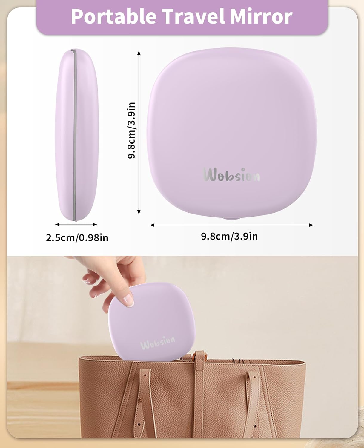 WOBSION Rechargeable Lighted Travel Makeup Mirror,1x/10x Compact Magnifying Mirror with Lights,Portable for Bag,4inch,Gift,Purple