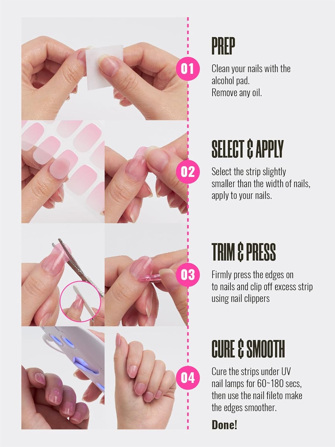 Semi Cured Gel Nail Strips, 30 pcs Gel Nail Wraps, Easy to Apply, Salon-Quality, 2 Weeks Long Lasting Pink Passion