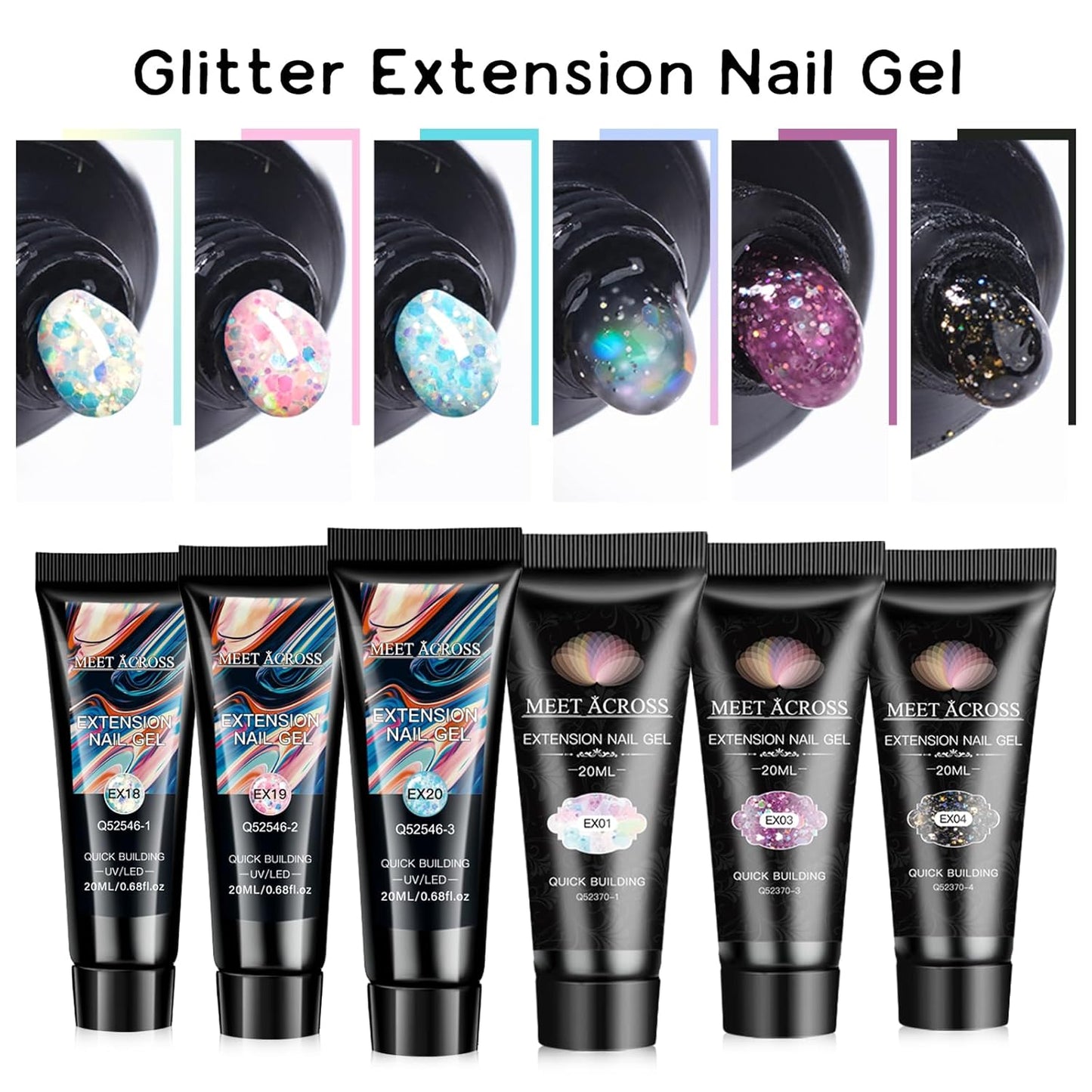 MEET ACROSS Poly Nail Gel Kit - 6 Colors Long-Lasting Glitter Poly Extension Gel, Shiny Sequins Builder Extension Nail Gel Set, Soak Off UV LED Nail Art at Home Salon