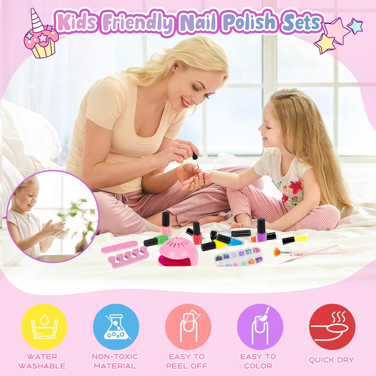 Kids Nail Polish Set for Girls, 28Pcs Nail Art Kit with Nail Dryer, Non-Toxic Peel-Off Water-Based Nail Polish Christmas Birthday Gifts Toddlers Kids Girls Toys Ages 3 4 5 6 7 8+