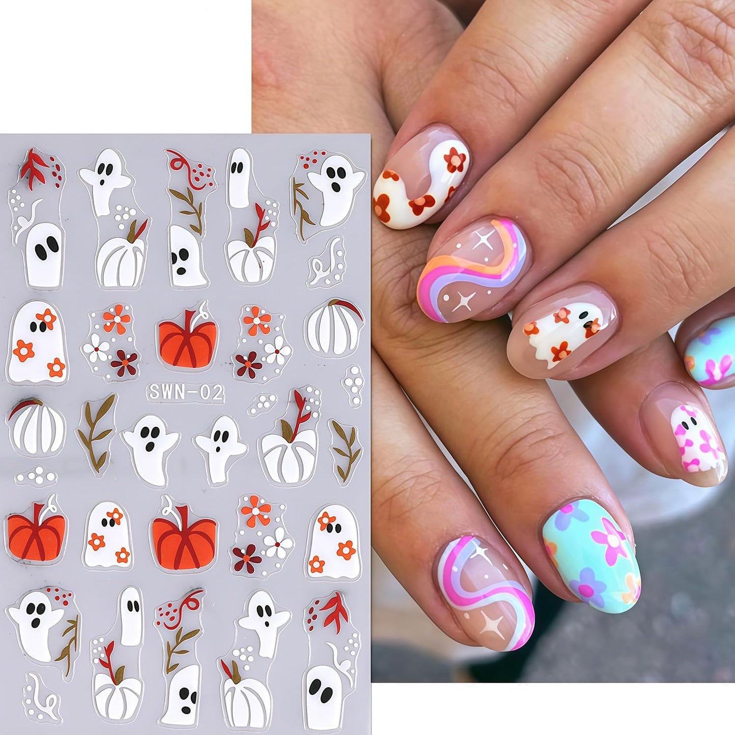 6 Sheets Halloween Nail Art Stickers 3D Self-Adhesive Cute Ghost Spider Spider Web Pumpkin Nail Stickers Black Spiders Pattern Nail Sticker for Day of The Dead Holiday Nails Decor Accessories