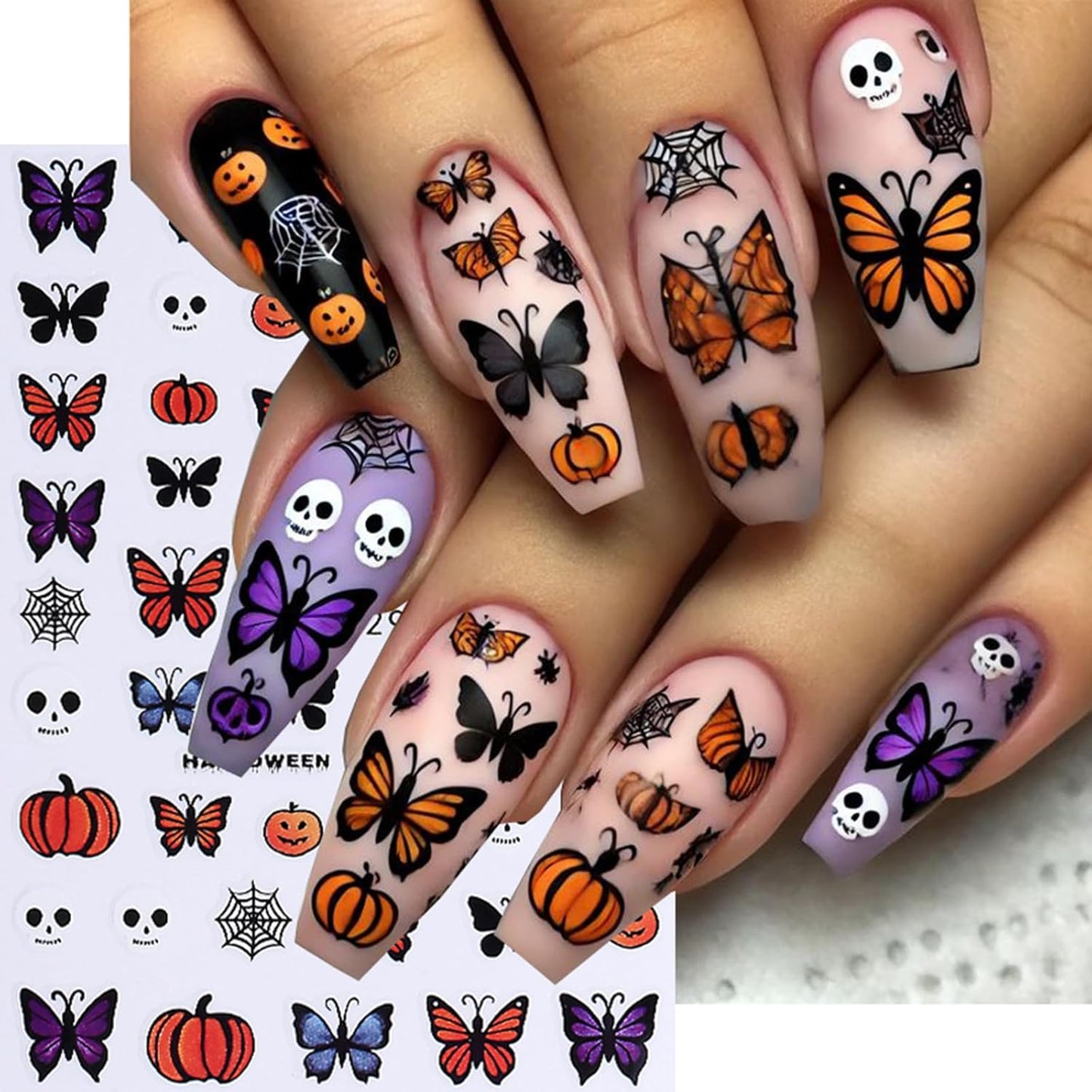 6 Sheets Halloween Nail Art Stickers Decals 3D Self-Adhesive Cartoon Bat Spider Web Skull Nail Stickers French Flame Spider Web Heart Nail Decals Supplies for Women DIY Holiday Manicure Decorations