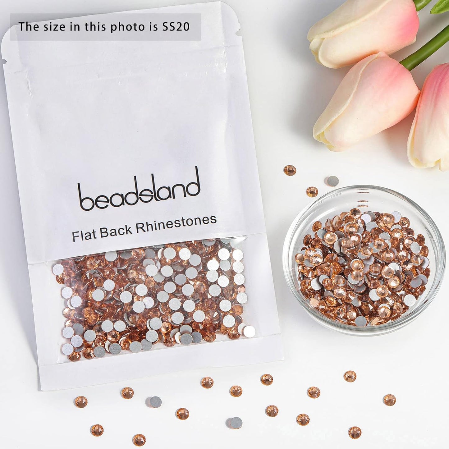 beadsland 144pcs Flat Back Crystal Rhinestones Round Gems for Nail Art and Craft Glue Fix, Champagne, 10mm, SS50/144pcs
