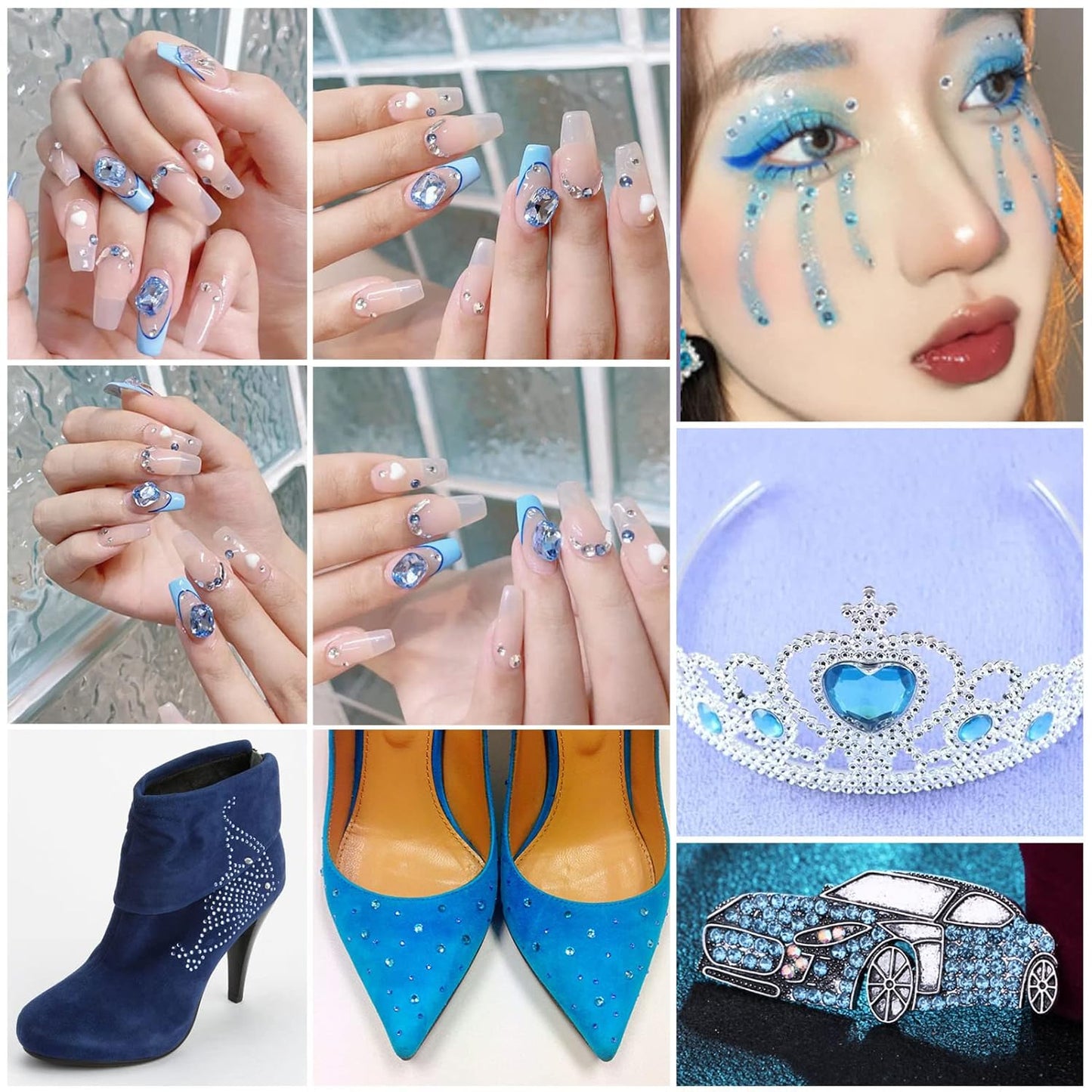 Beadsland 288pcs Flat Back Crystal Rhinestones Round Gems for Nail Art and Craft Glue Fix, Light Blue, SS34, 7.1-7.3mm