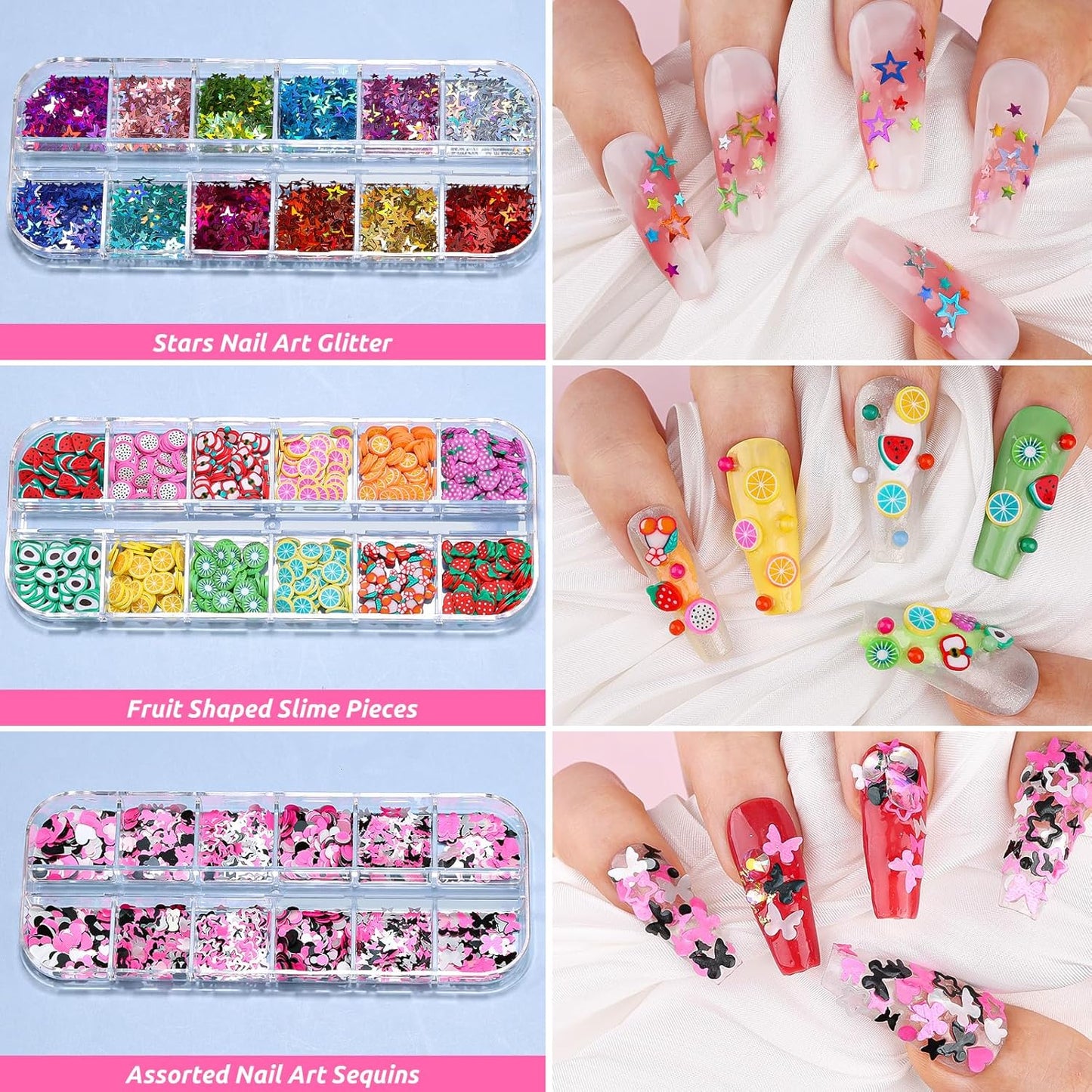 Nail Art Kit for Beginners with Nail Brushes Set and Dotting Tools, Jumbo Holographic Glitter Sequins Mixed Flower Heart Glitter Flake Colorful Striping Tape Fruit Slices with Tweezers (01-Rose)