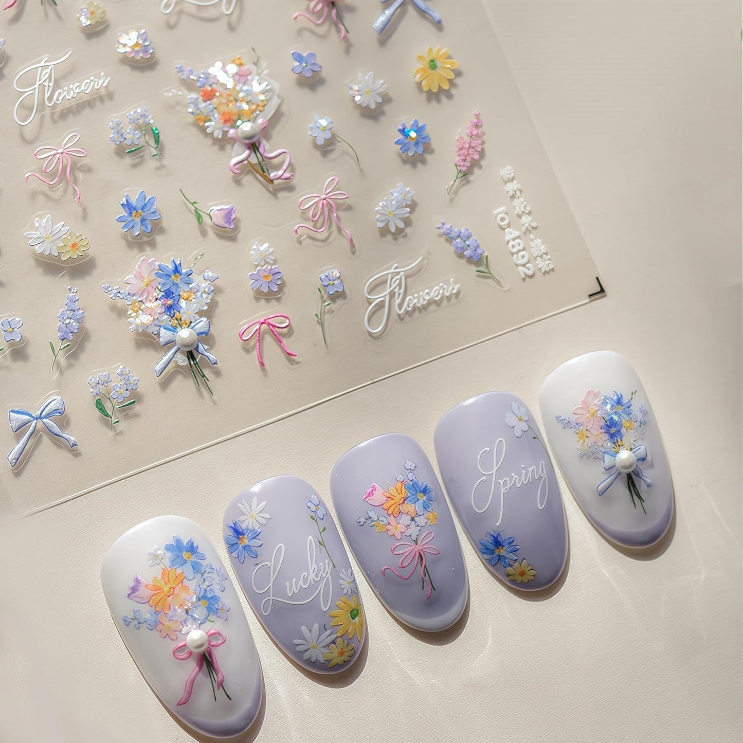 Spring Flowers Nail Stickers 5D Self-Adhesive Embossed Ribbon Bow Floral Pearl Rhinestones Design Decals Spring Romantic Flowers Nail Art Charms for Women DIY Decorations Exquisite Cardboard 1Sheets