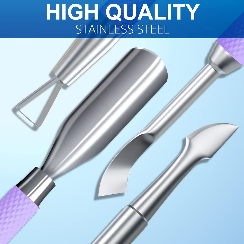 2PCS Metal Lavender/Taro Purple Cuticle Pusher and Cutter Remover Salon Quality Stainless Steel Gel Nail Polish Peeler Scraper Durable Manicure and Pedicure Cleaner Tool For Fingernail and Toenail