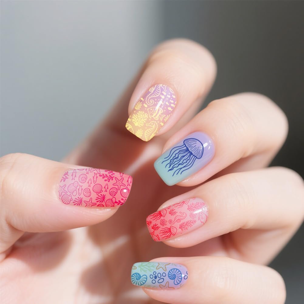 UNICRAFTALE 3Pcs Summer Nail Stamp Plates Set Ocean Series Nail Stamping Plate Turtles Shark Medusa Image Nail Stencils Conch Nail Art Stamping Template with Nail Scraper for Women Nail Design Tools