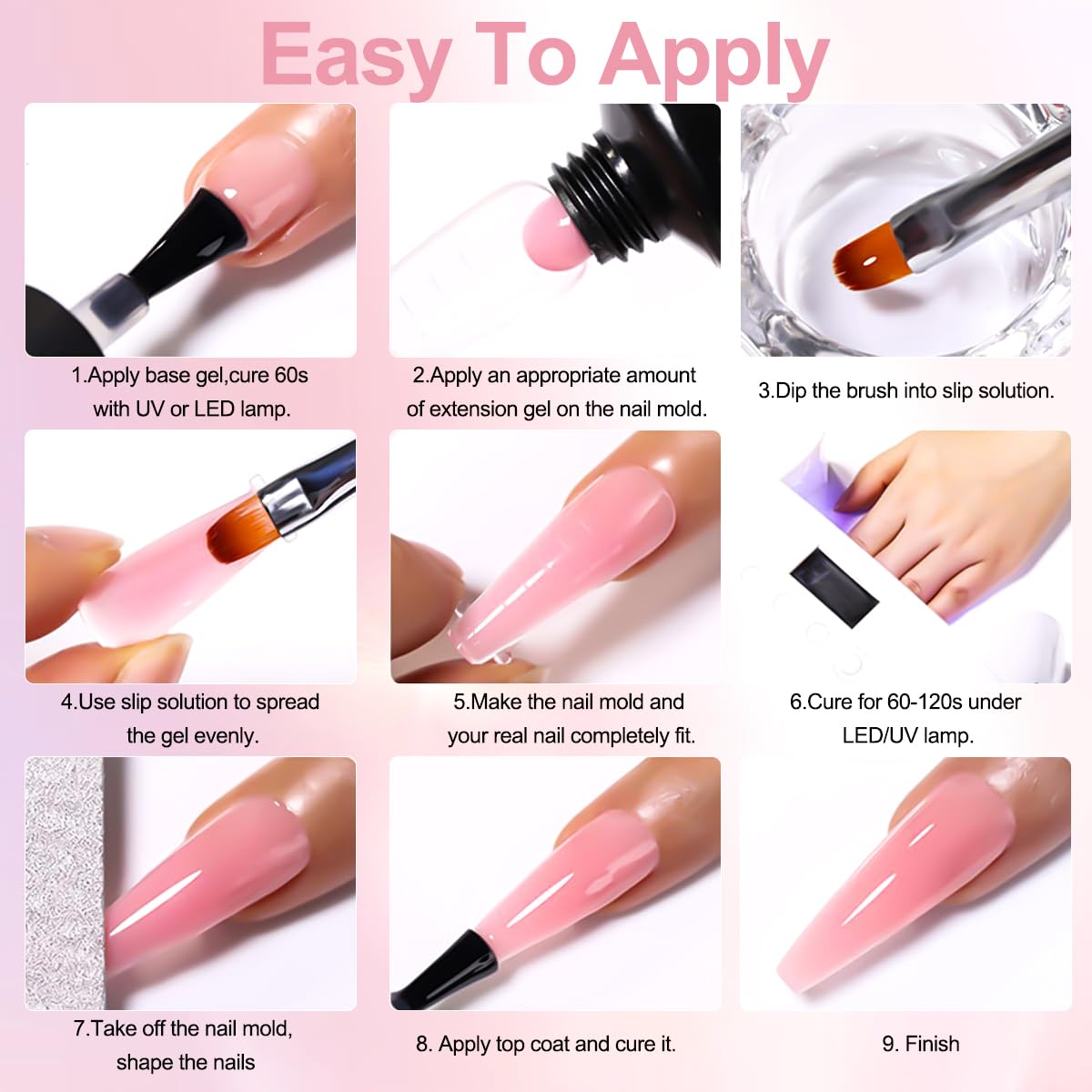 9 Colors Poly Extension Gel Nail Kit Clear Milky White Pink Nude Builder Gel for Nails Quick Dry Long Lasting Durable Polygel Nail Extension Kit for Starter Salon DIY Home Use