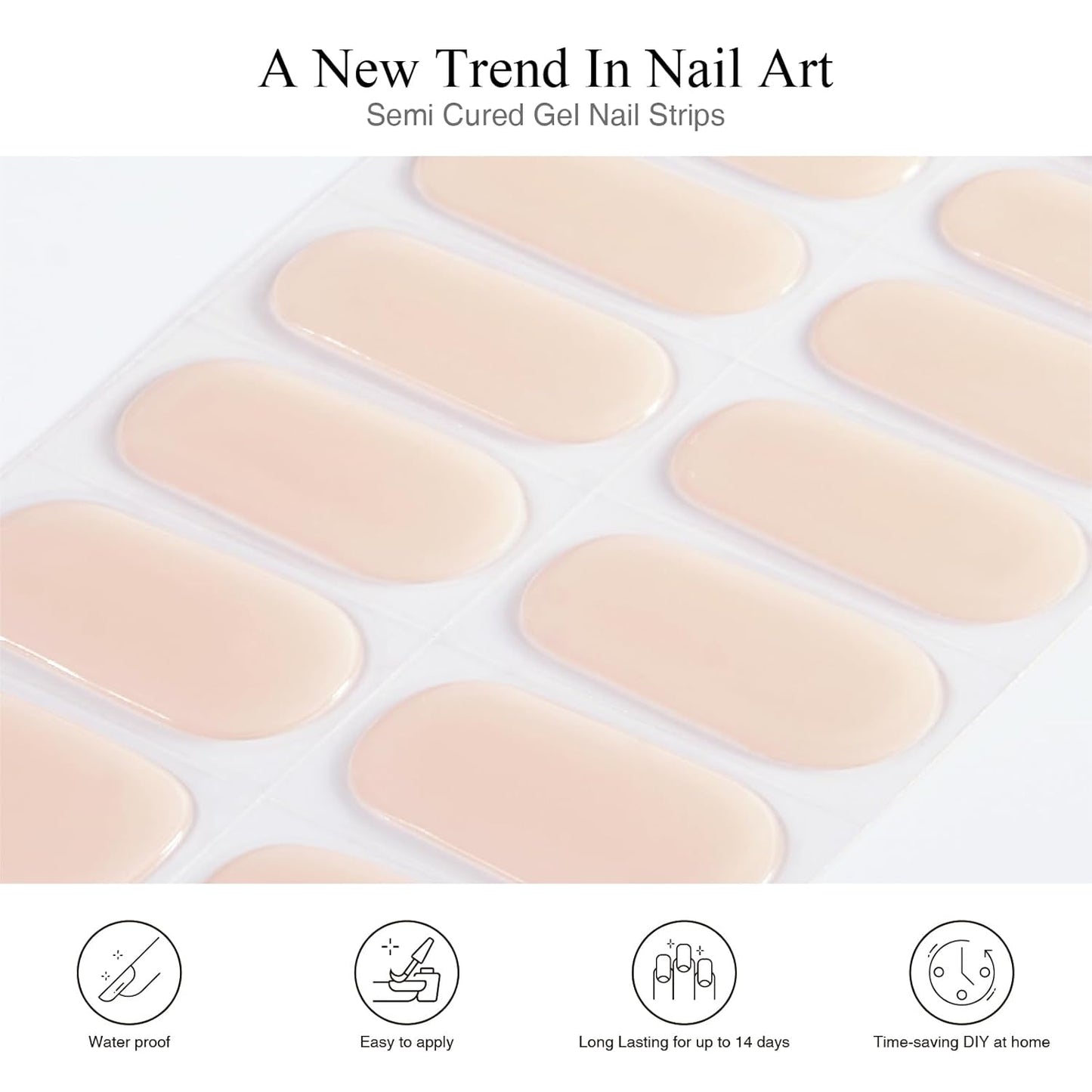 Semi Cured Gel Nail Strips, 20 PCS Gel Nail Stickers Work with UV Light, Salon Quality & Easy to Use - Fresh Cream