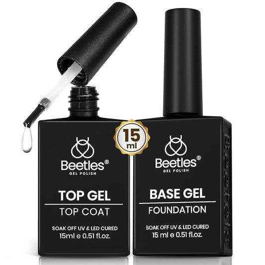 Beetles No Wipe Gel Top Coat and Base Coat Set for Gel Polish - 2Pcs 15ml Super Shiny and Long Lasting Soak Off UV/LED Lamp Needed, Halloween Fall Nail Art Design Gift