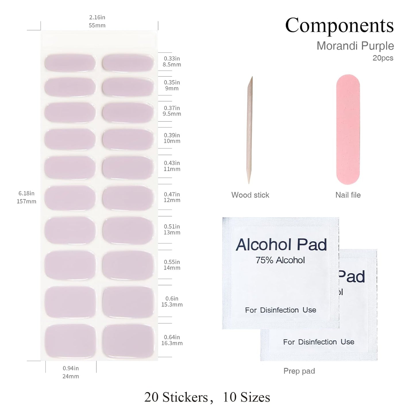 Semi Cured Gel Nail Strips, 20 PCS Gel Nail Stickers Work with UV Light, Salon Quality & Easy to Use - Morandi Purple