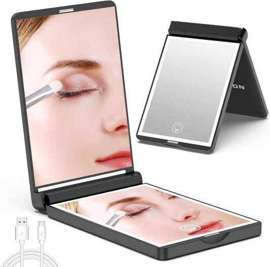 WOBSION Lighted Compact Mirror, Rechargeable Travel Makeup Mirror with Light,1x/3x Magnifying,Folding Portable Mirror,Dimmable,Gifts for Girls,Black
