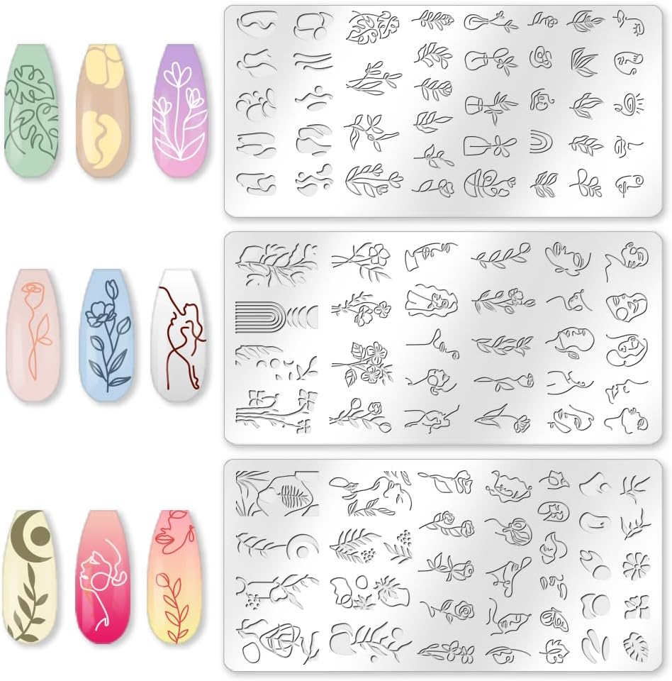 3Pcs Abstract Boho Nail Stamping Plate Set Nail Stamp Templates French Line Tip Lady Face Leaf Floral Metal Reusable Tools with Stamper Scraper for Manicure Printing