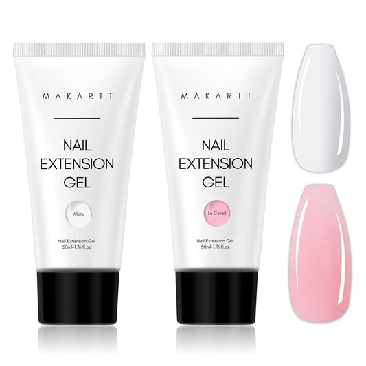Makartt Poly Nail Gel Kit, 2 PCs 50ML Poly Extension Gel Nail Kit White Pink Colors, Gel Builder for French Design Nail Extension Natural-Looking, Nail Strengthener, 3D Diy Hard Gel Manicures