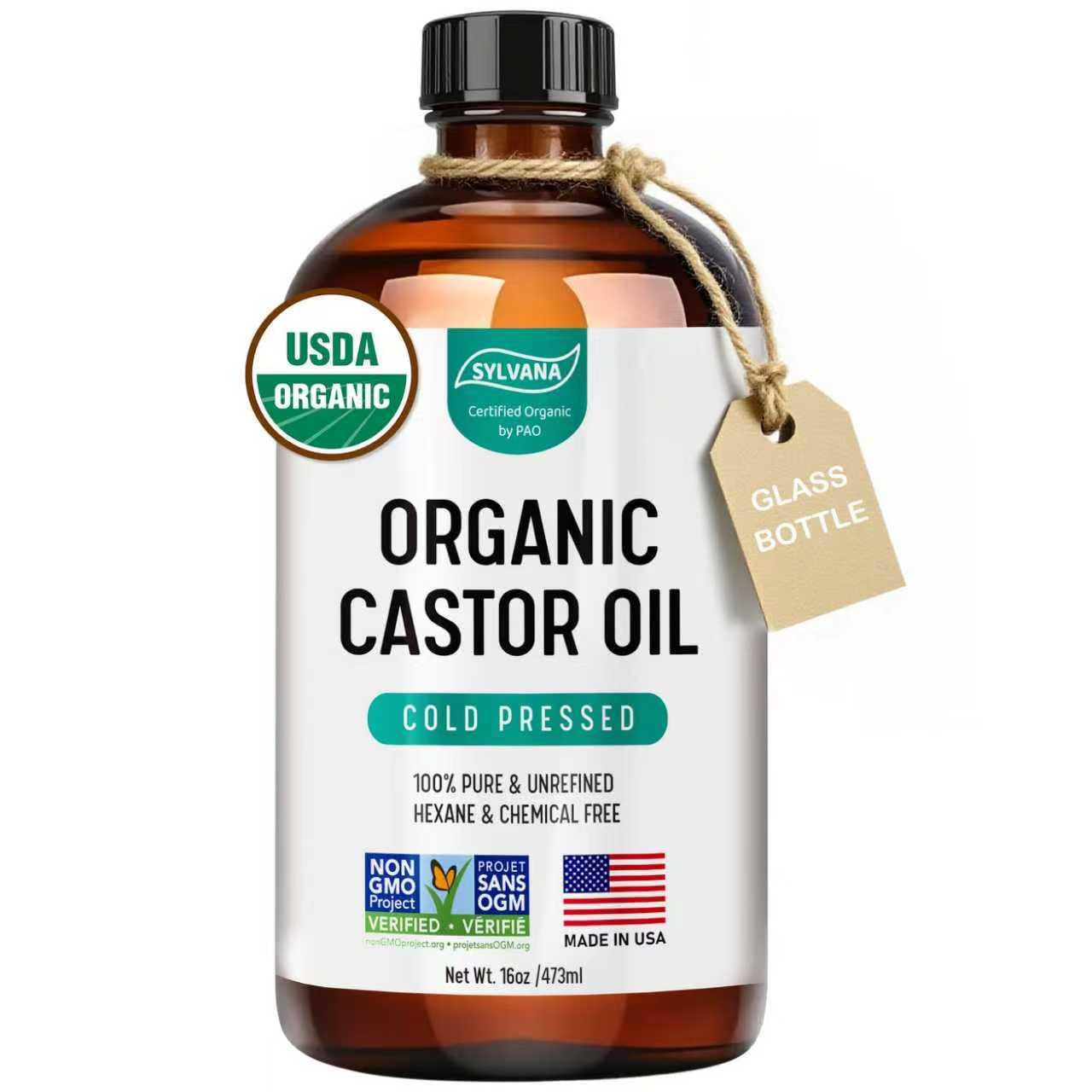 SYLVANA Organic Castor Oil (16oz Glass Bottle), USDA Certified Organic, Cold Pressed, Vegan, Hexane Free - 100% Pure Castor Oil for Nourishing Skin, Hair Growth, Lashes & Eyebrows