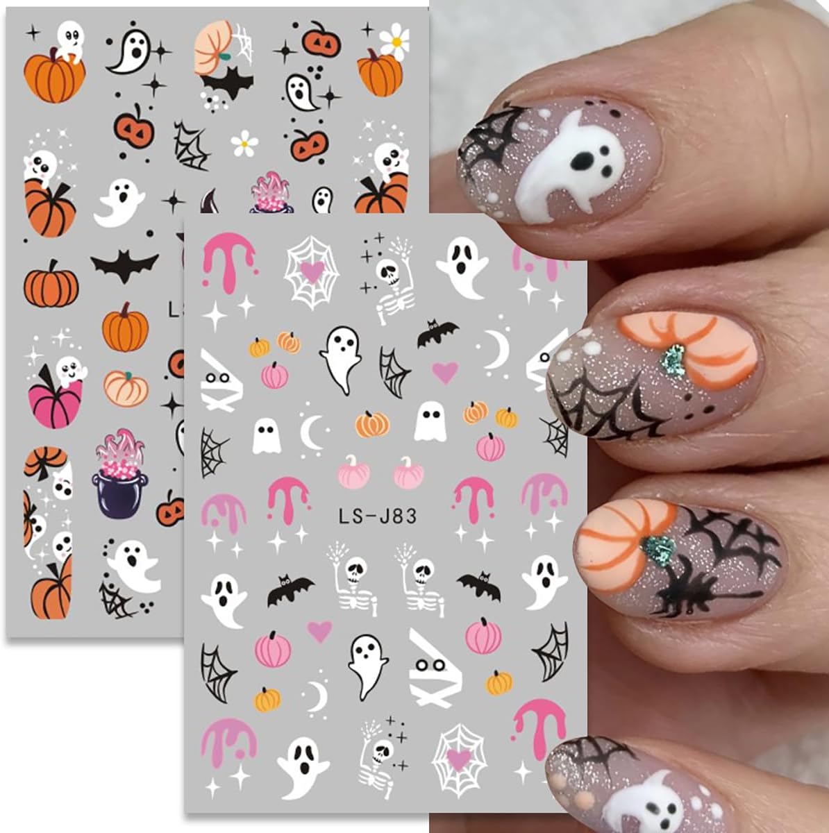Halloween Nail Stickers Decals 8 Sheets Halloween Self Adhesive Nail Design Stickers Ghost Pumpkin Spider Web Bats Nail Art Decals for Women DIY Manicure Halloween Nail Glitter Decals Decoration