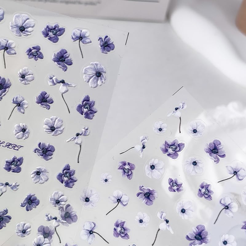 Flower Nail Art Stickers 5D Embossed Purple Floral Nail Stickers for Nail Art Self-Adhesive Nail Design Stickers 1 Sheets Nail Art Decoration Nail Supplies Accessories (1, Purple Flower)
