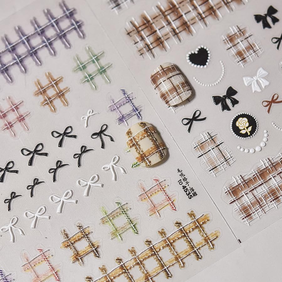 Colorful Grid Bow Nail Art Stickers 3D Embossed Fall Winter Nail Stickers, Self-Adhesive Durable Nail Art Decals for Women Girls, Nail Wraps Decoration Manicure for DIY Acrylic Nail Accessories