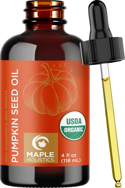 Pumpkin Seed Oil Organic Certified - 100% Pure Organic Pumpkin Seed Oil for Hair and Anti Aging Face Oil - USDA Organic Hair Oil for Dry Hair and Volume - Virgin Cold Pressed & Unrefined (4oz)