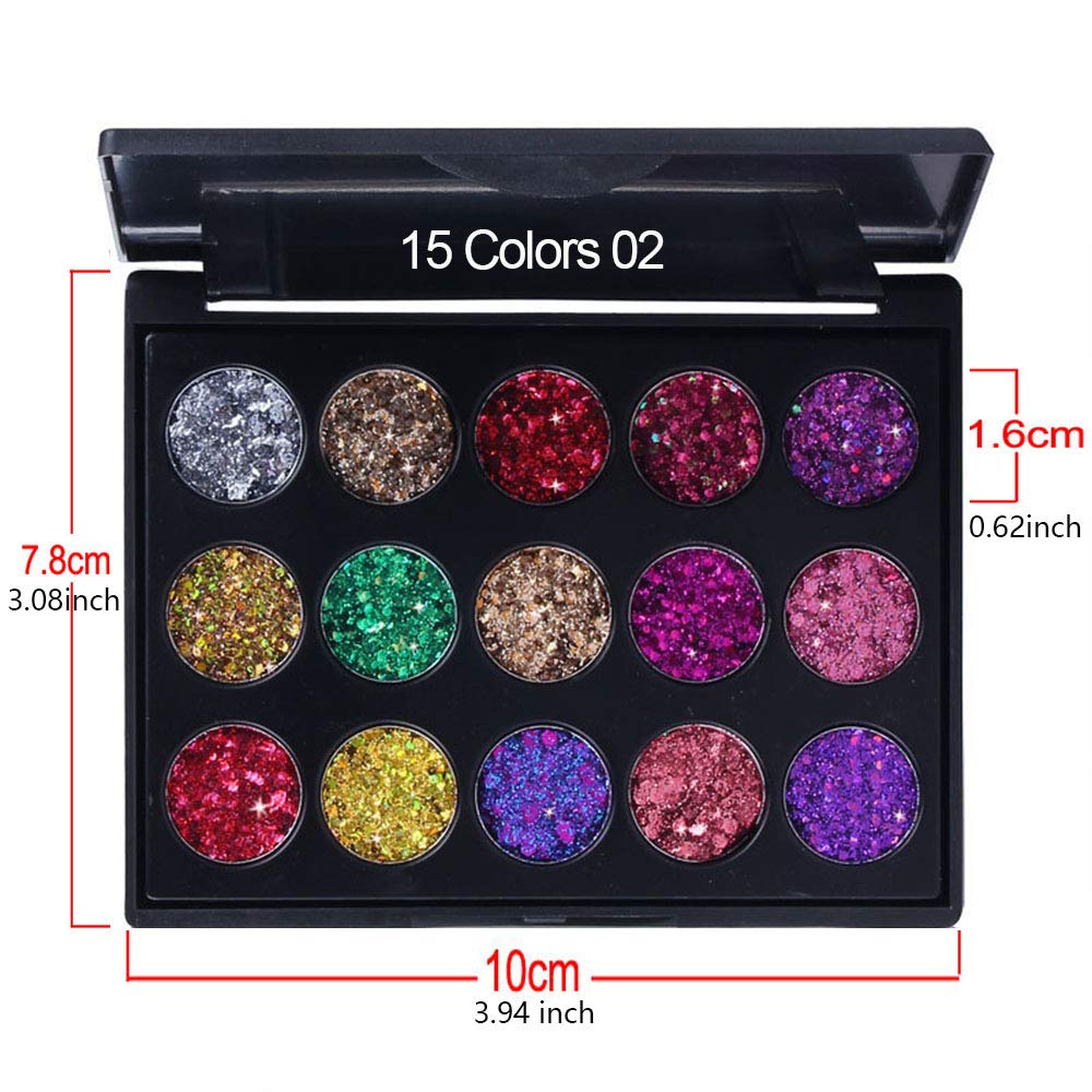 evpct 15 Color Shimmer Glitter Sparkle Glittery Eyeshadow Makeup Palette Pallet Glitter for Girl Pink Silver Red Rose Green Sparkling Sparkly Glitter Gel Pigment Eyeshadow Face Paint Makeup Palette