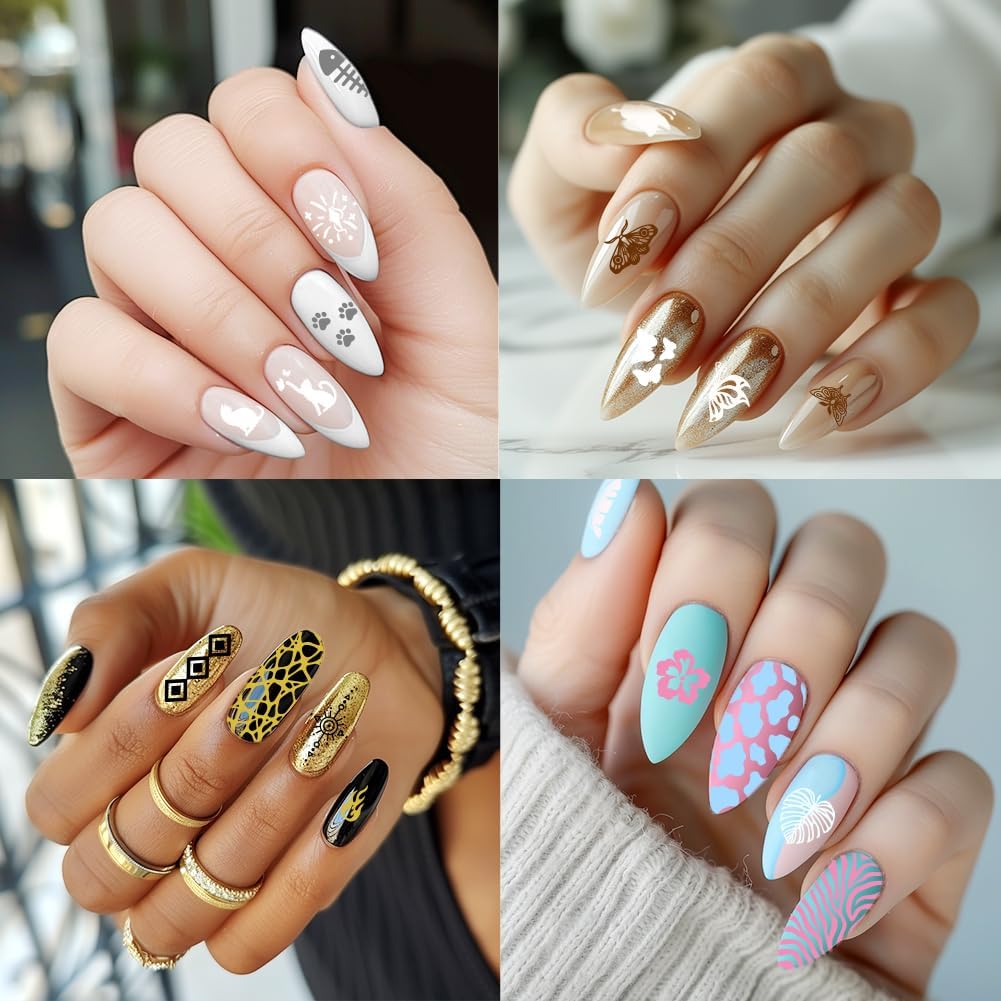 3Pcs Nail Stamping Plate Set Cat Butterfly Nail Stamping Templates French Line Tip Nail Plates Flames Leaves Stainless Steel DIY Reusable Tools with Stamper Scraper for Manicure Printing