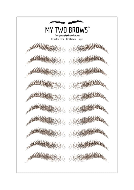 (10 pairs) Dark Brown Temporary Eyebrow Tattoo - Large Size - Waterproof & Smudgeproof - Assertive Arch Style Eyebrow Stickers - Sheet Lasts up to 30 Days - Won't Work on Existing Brows
