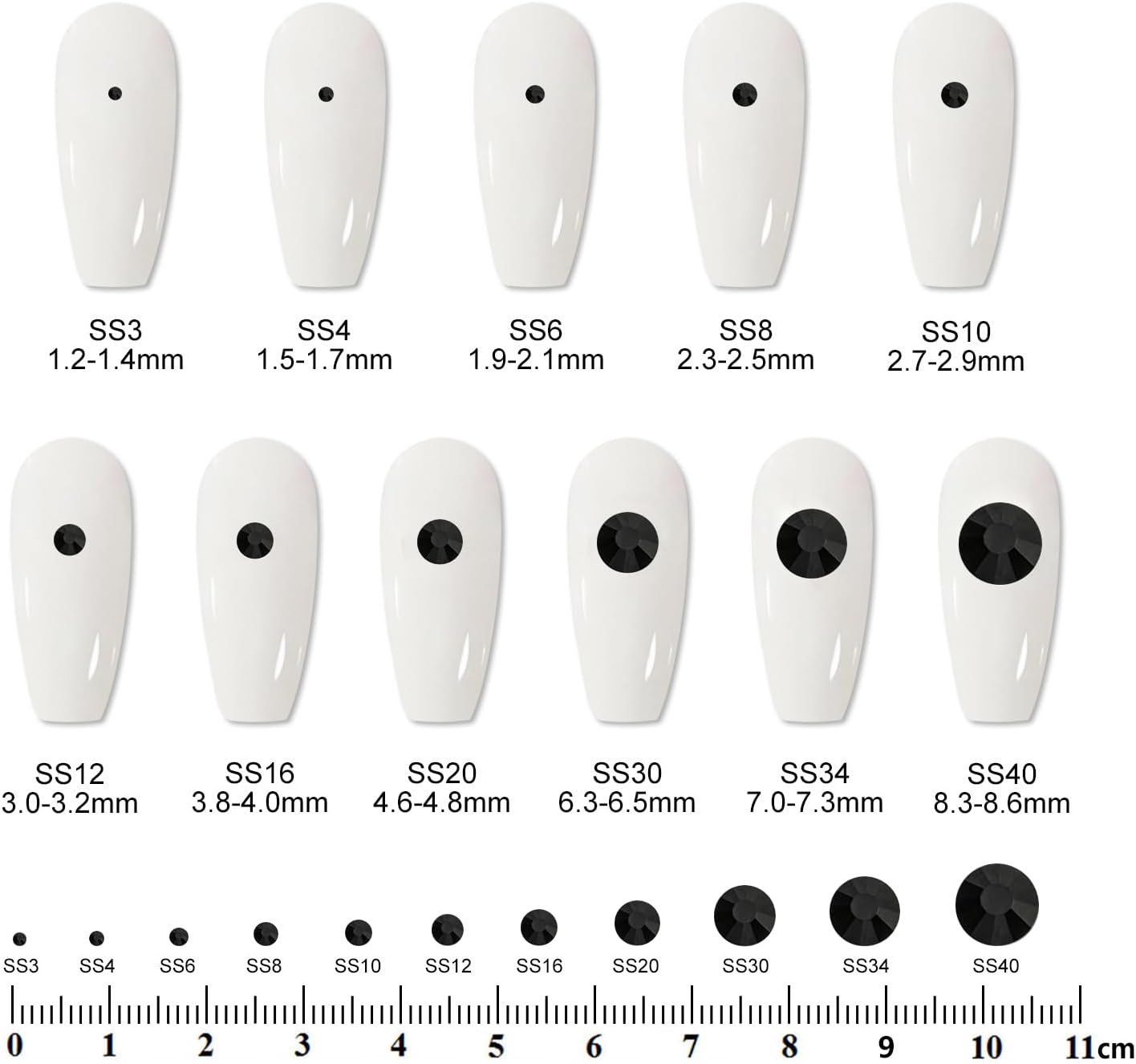 2000PCS SS12 Flatback Rhinestones | 12-Facet Diamond-Cut Glass Gems for Nail Art, Clothing, DIY Crafts |Glue-On Decoration Stones with Silver Backing(Jet Black)