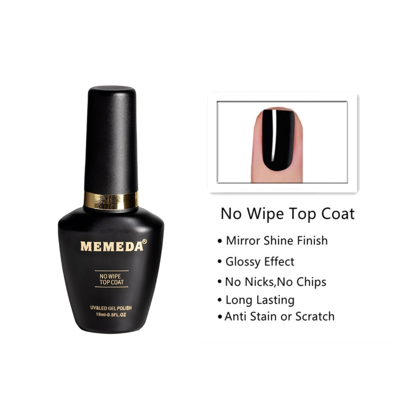 Gel Nail Polish Top Coat, 15ml No Wipe High Gloss Shiny Long Lasting Clear Top Gel for Acrylic Nails, Need U V/LED Lamp for Home DIY and Spring Nail Salon