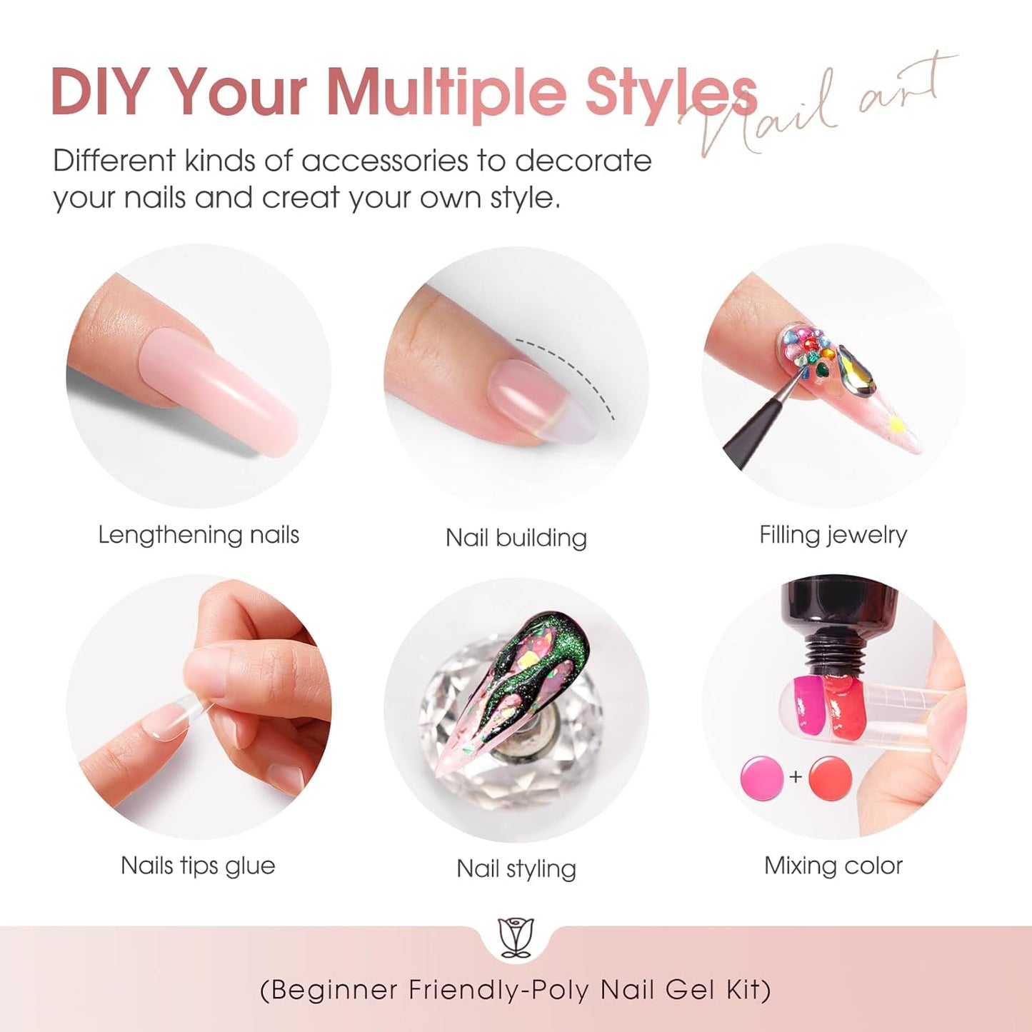 ROSALIND 12PCS Pink Brown Poly Nail Gel Kit with Mini Nail Lamp White Glitter Pink Poly Extension Gel Set