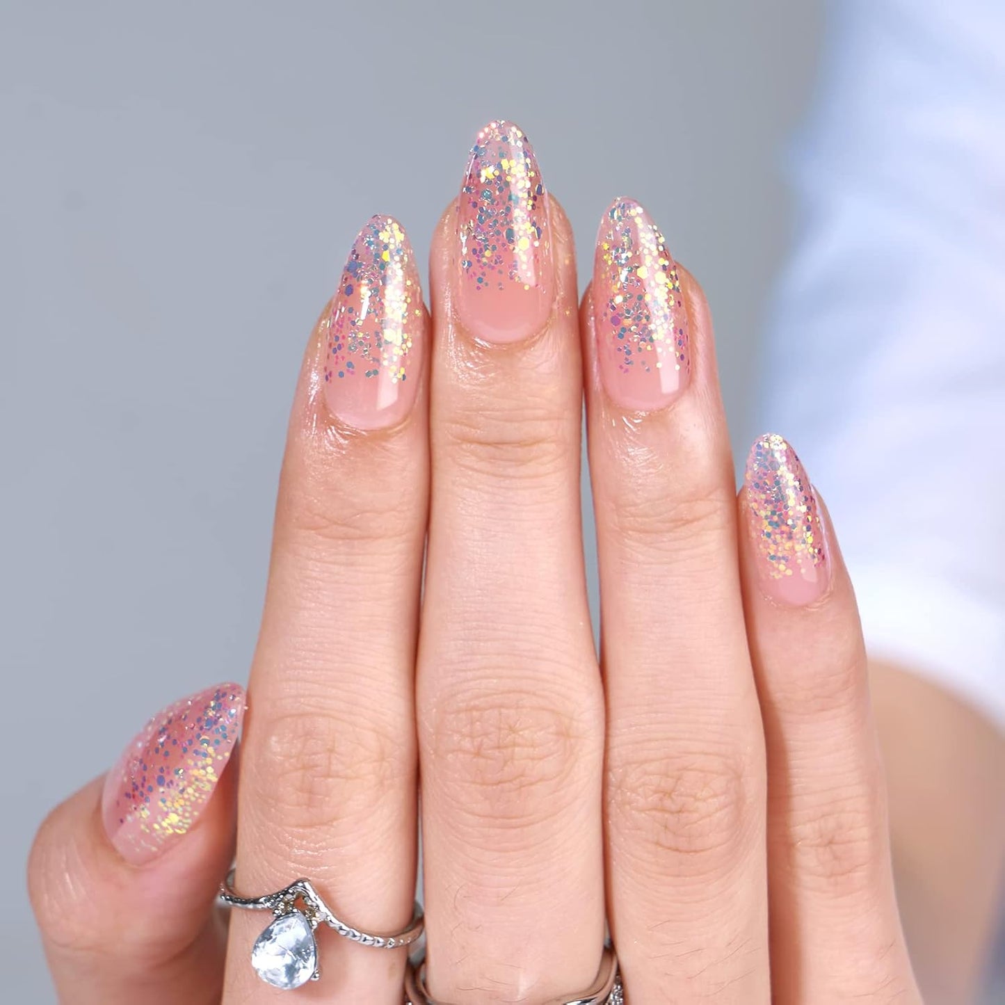 BTArtbox Press On Nails Medium- Christmas Supremely Fit & Natural Soft Gel Glue On Nails with Nail Glue, Reusable Stick On Nails in 15 Sizes - 30 Fake Nails Kit, Pink Sparkle