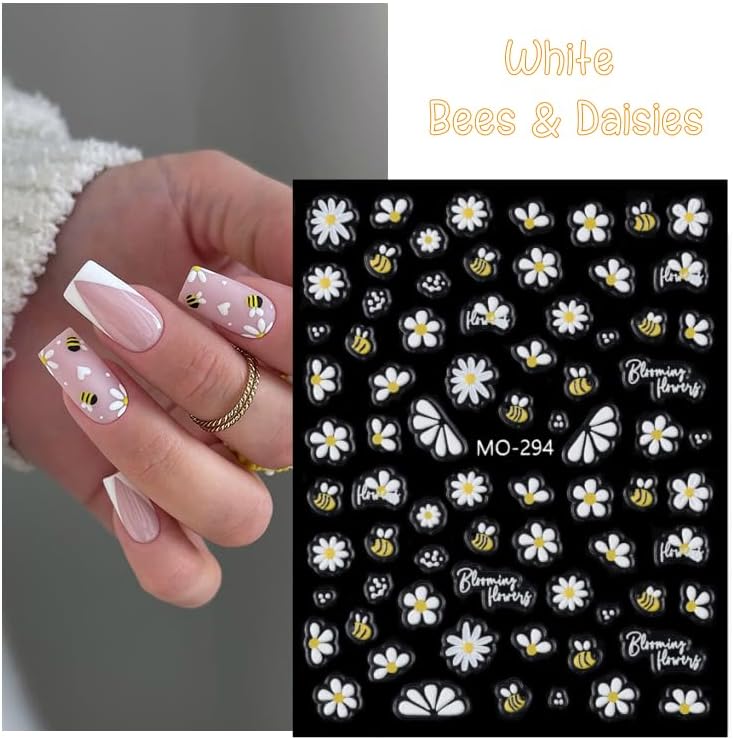 Bee Nail Stickers 3 Sheets Self-Adhesive Daisy Nail Decals White 5D Embossed Floral Nail Art Stickers for Women DIY Manicure Accessories Decorations