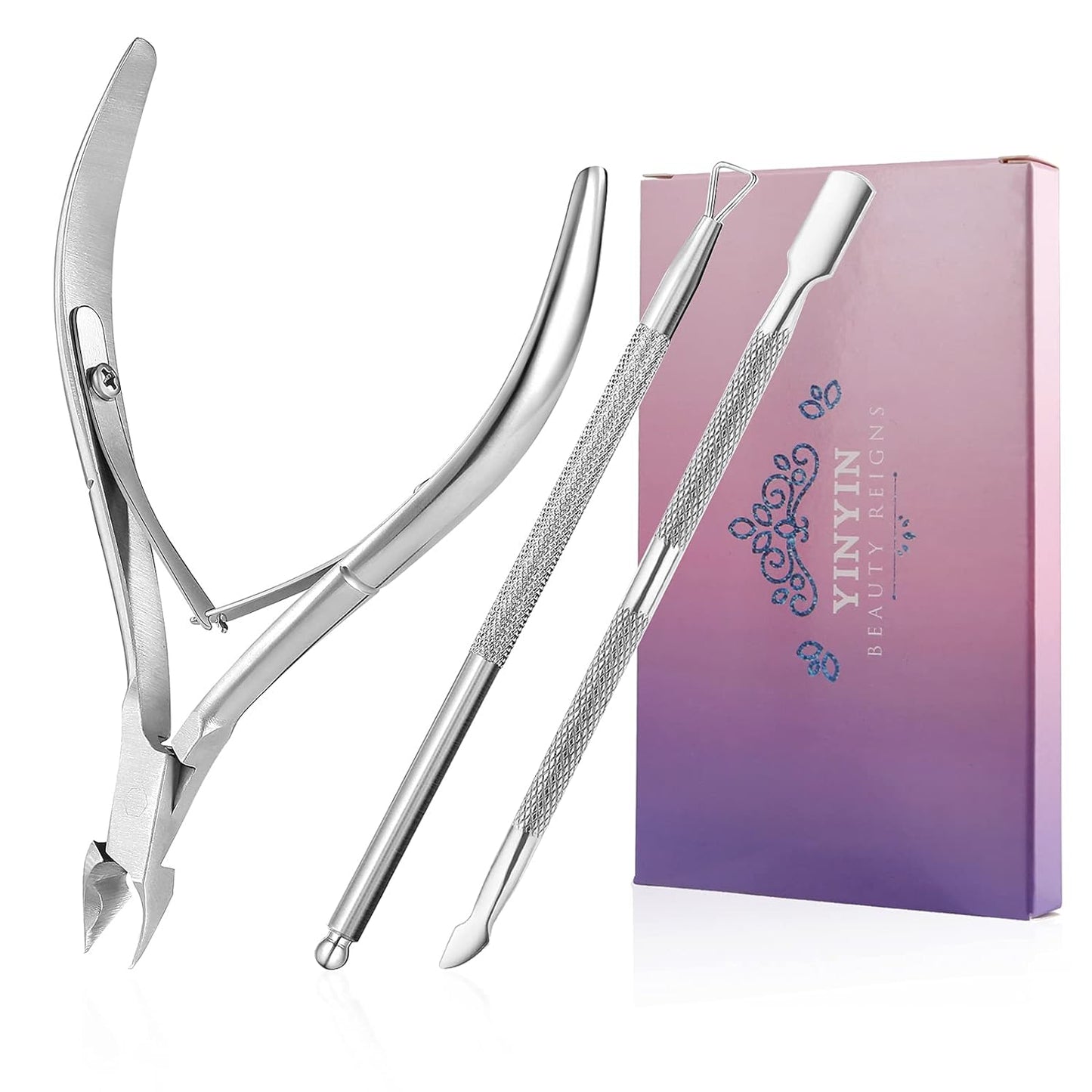 YINYIN Professional Stainless Steel Nippers, Cutter Clippers, Cuticle Remover, Trimmer with Pusher, Pedicure Manicure Tools for Fingernails and Toenails, Sliver