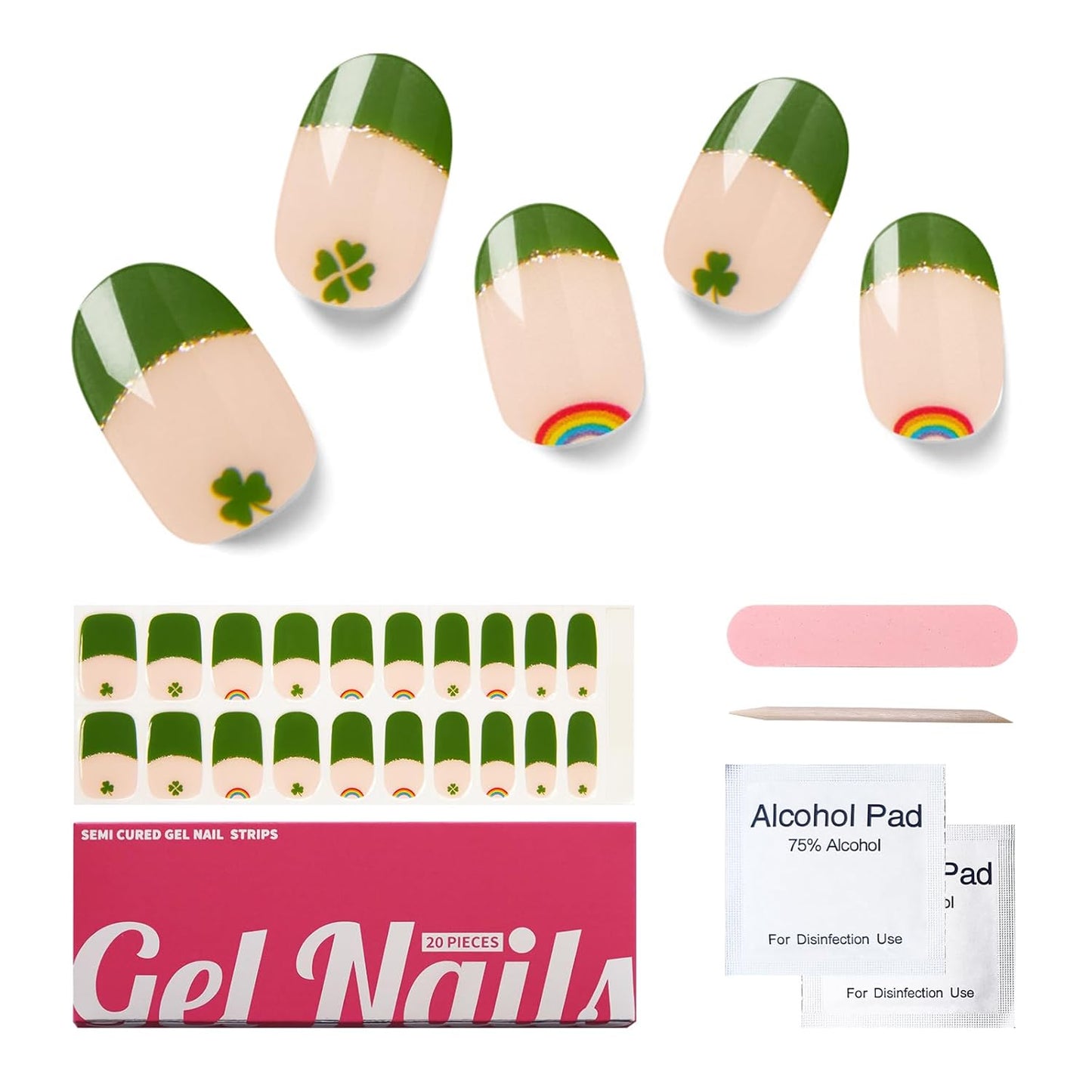 Semi Cured Gel Nail Strips, 20 PCS Gel Nail Stickers Work with UV Light, Salon Quality & Easy to Use - Lucky Clover