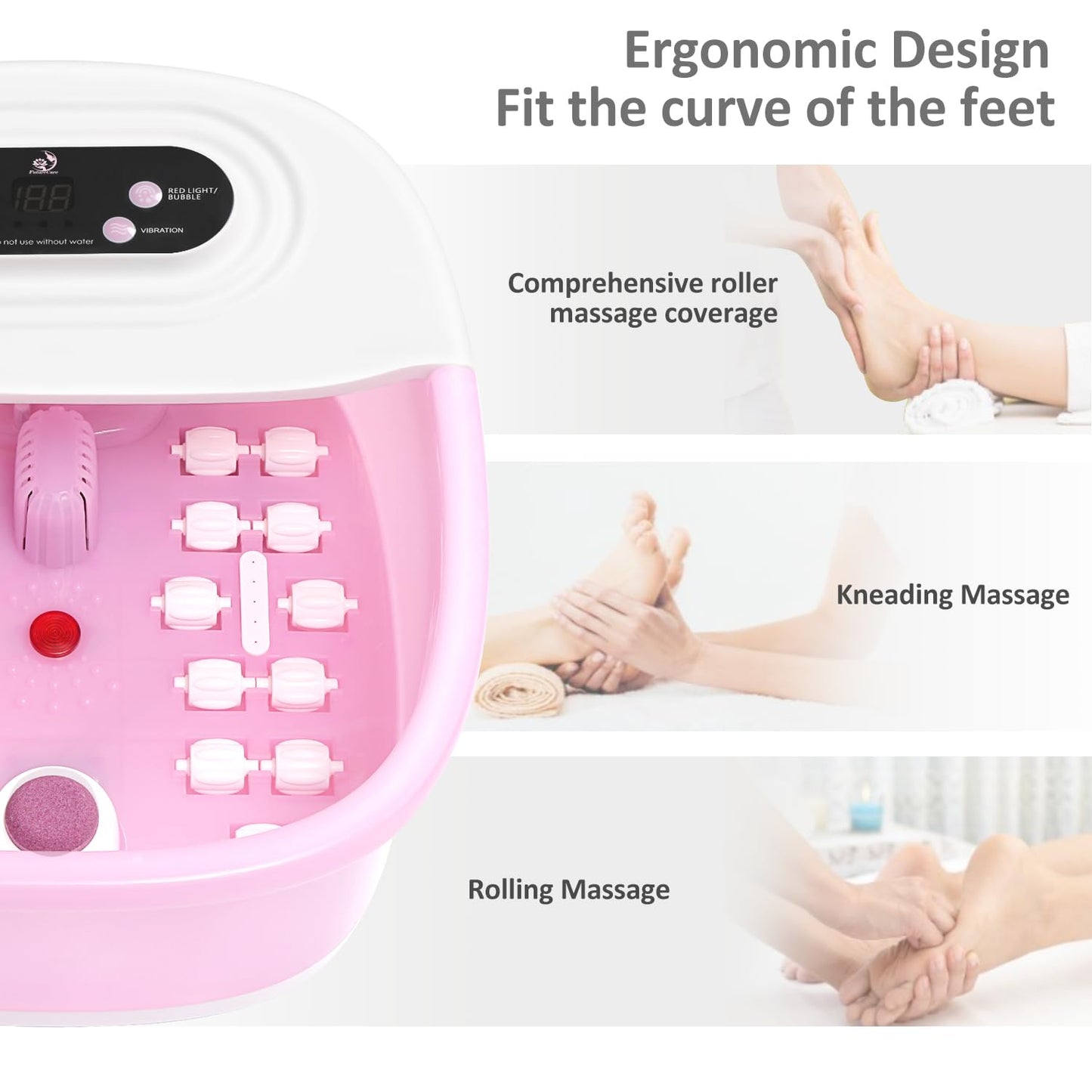 Foot Spa Bath Massager with Heat Bubbles and Vibration Massage and Jets, 16 OZ Tea Tree Oil Foot Soak Epsom Salt, Foot Soaker with Red Light, 22 Massage Rollers, Adjustable Temp - Pink