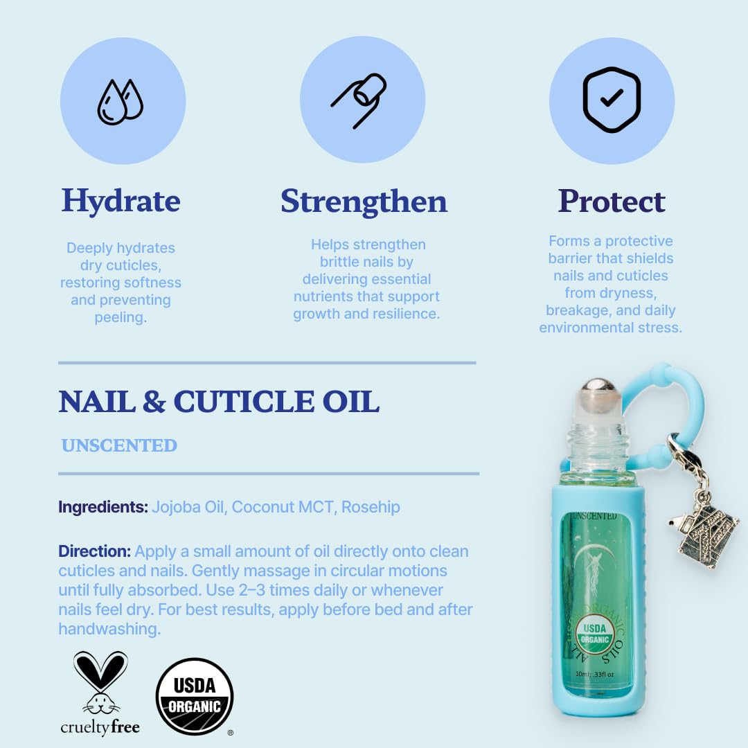 Unscented Organic Nail Cuticle Oil Pen with Jojoba, Coconut MCT, and Rosehip for Nail Hydration, Growth & Strength, Travel Size Keychain(0.34 Fl Oz)