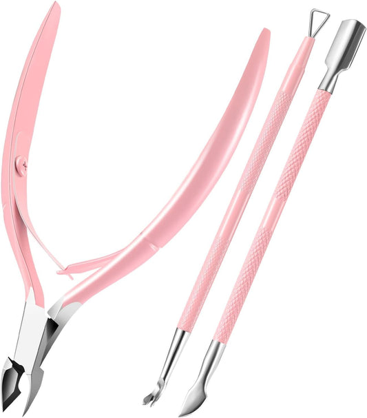 Cuticle Trimmer with Cuticle Pusher, XUNXMAS Cuticle Remover Cutter Nipper Scissor and Triangle Cuticle Nail Pusher Peeler Scraper, Durable Dead Skin Clipper Manicure Pedicure Tools (Pink)