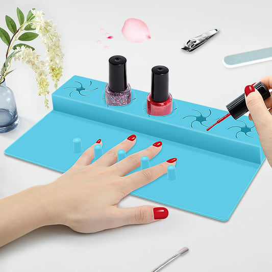 Nail Polish Holder, Silicone Hand Rest Mat Fingernail Painting Tools 2 in 1 Art Accessories Organizer Case Set with Anti-Spill Bottle Stand and Finger Separators for Pedicure Manicure-Blue