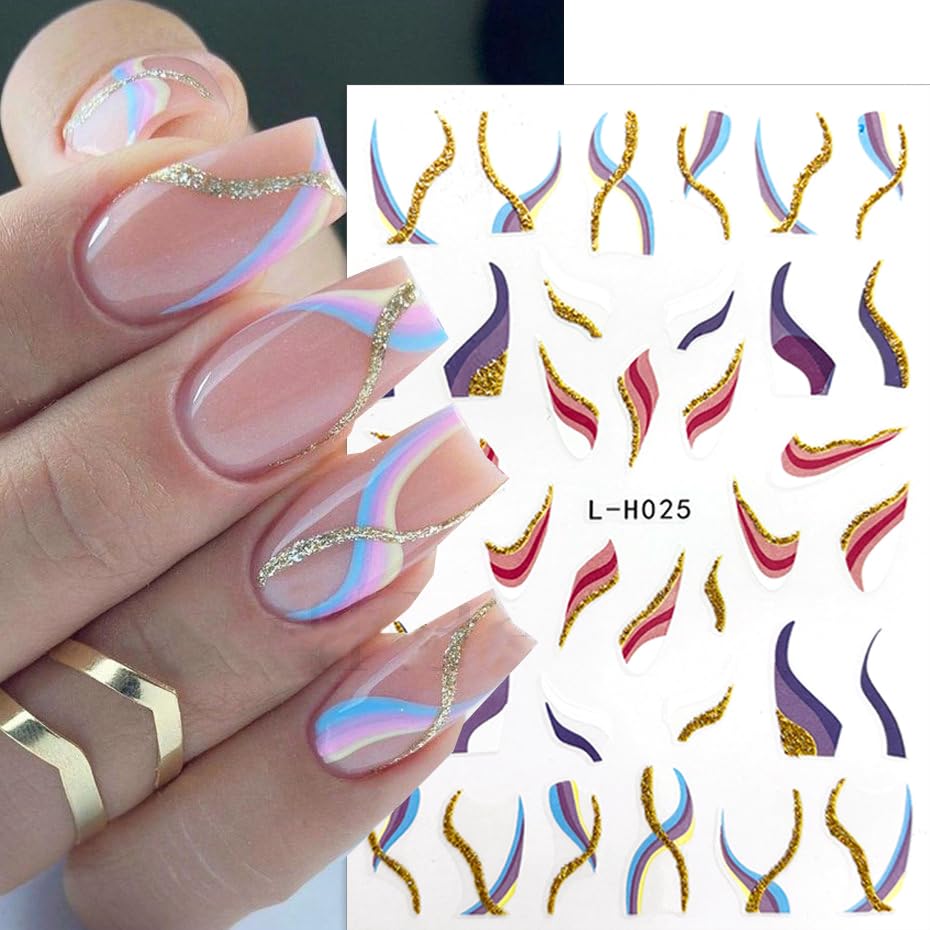 8 Sheets Shiny Line Nail Stickers - French Tip Nail Decals, 3D Glitter Wavy Stripe Designs, Gold Nail Tip V Shape Lines for DIY Acrylic Manicure Decoration