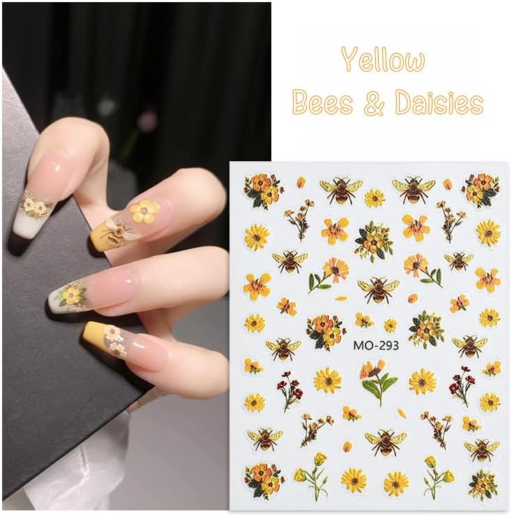 Bee Nail Stickers 3 Sheets Self-Adhesive Daisy Nail Decals White 5D Embossed Floral Nail Art Stickers for Women DIY Manicure Accessories Decorations