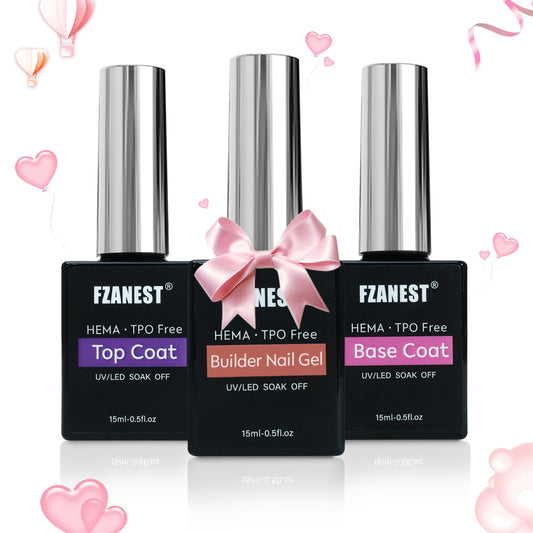 FZANEST Builder Gel With Top and Base Coat HEMA TPO-Free, 15ml * 3pcs Clear Gel Nail Polish Kit for Nail Strengthening Building Apex Extension Soak Off No Wipe Top Coat Base Harden Nails