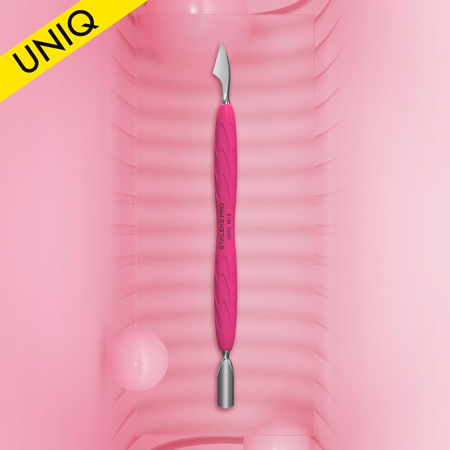 Staleks Manicure pusher Gummy with silicone handle UNIQ 10 TYPE 3 – Stainless Steel – Professional Cuticle Tool (rounded narrow pusher and cleaner)
