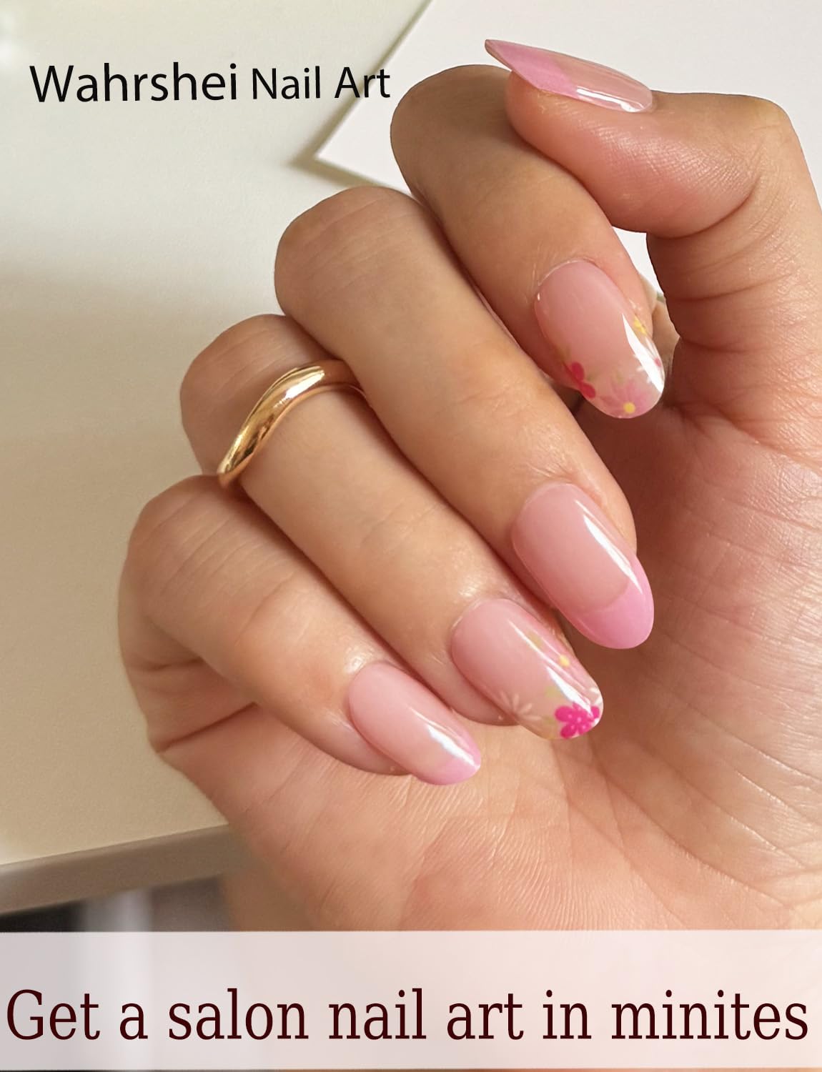 Semi Cured Gel Nail Strips, 20pcs French Flower, Pink Gel Nail Stickers UV for Home Nails DIY