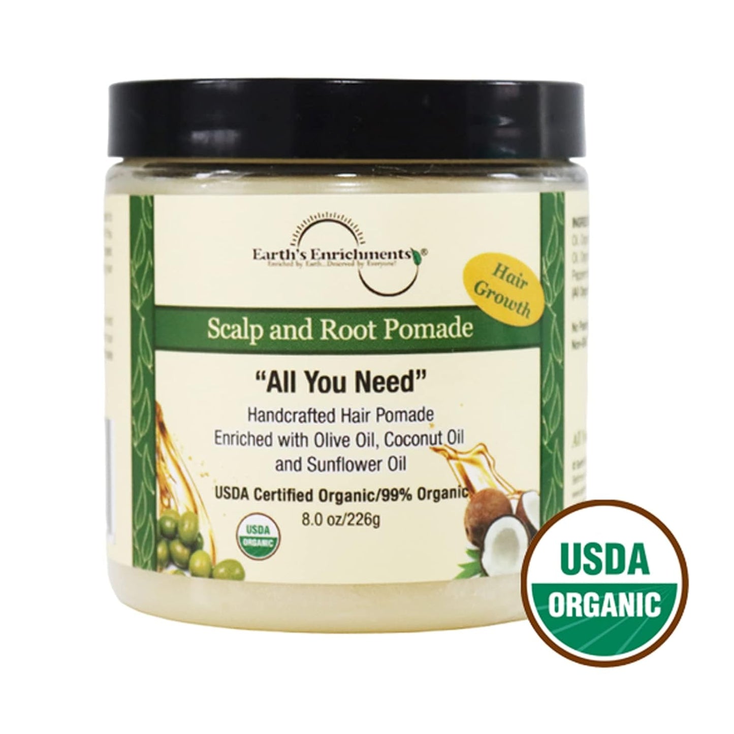 Earth's Enrichments Organic Pomade - Hair Food for Growth, Contains Tea Tree, Rosemary, Lavender Oil, Natural Hair Grease for Thick, Straight, Curly, Wavy, Thin Hair, Women, Men, Kids, USDA, 8oz