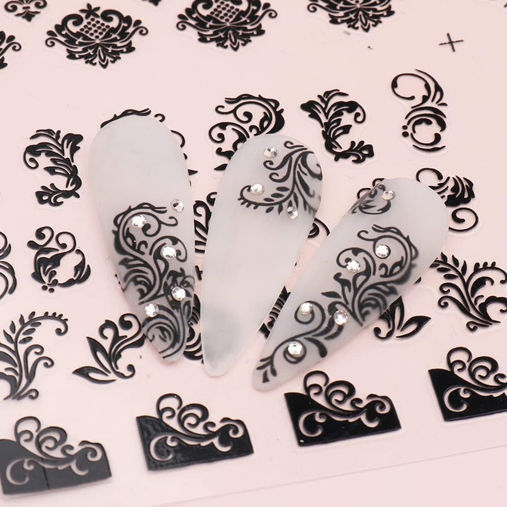Black Flowers Nail Stickers, Floral Nail Art Decal 3D Self-Adhesive Lace Retro Flower Vine Leaf Decals for Women Nail Designs Decoration (373-384)