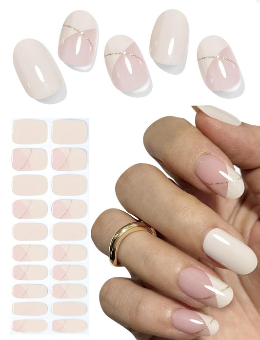 Semi Cured Gel Nail Strips, Irregular French, Beige 20pcs Gel Nails Sticker UV for Home Nails DIY