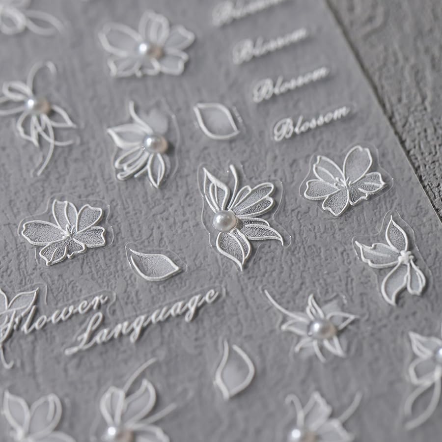 5D Embossed Flower Nail Stickers for Nail Art White Floral Nail Art Stickers Self-Adhesive Pearls Nail Art Decals for Women Nail Supplies Art Design Stickers (1, White Flower)