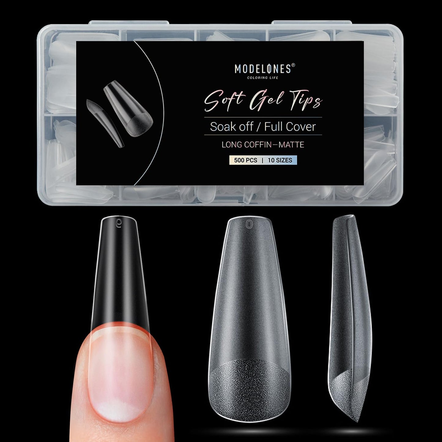 Modelones Long Coffin Nail Tips Fake Nails Gel Tips Full Matte Cover More Friction for Acrylic Professional Extension Gel Manicure Art Design 10 Sizes