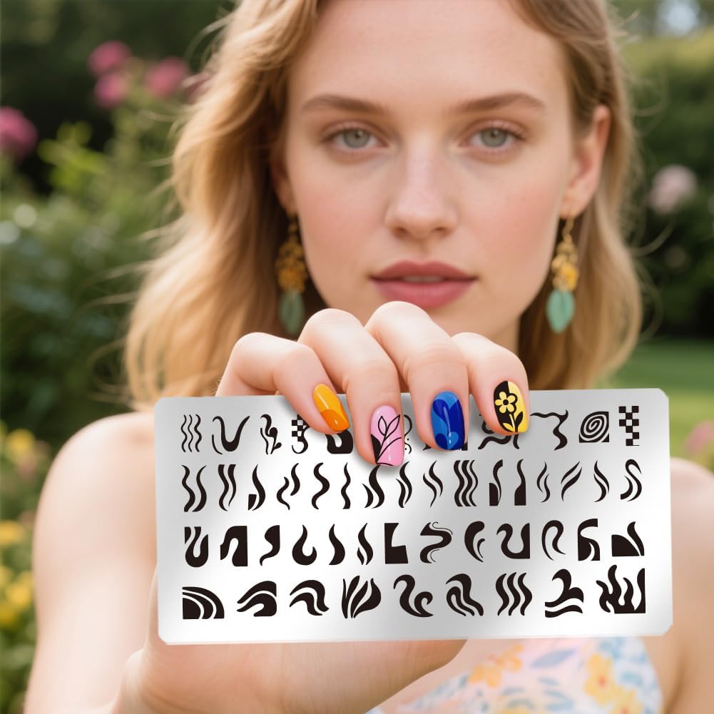 UNICRAFTALE 6Pcs French Line Nail Plates Stamping Set Wave Stripe Stamp Nail Templates Reusable Stencils Stainless Steel DIY Nail Art Plates Nail Stamp Templates Kit DIY Printing Tools